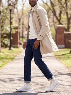 Combine with dark indigo jeans, a black mock-neck jersey top, and a beige trench coat for a sophisticated urban look that emphasizes the shoe's sleek silhouette.
