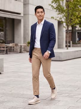 Mens Riginalgrand Remastered Wingtip Oxfords – A tailored navy blazer worn over a crisp white button-down shirt and slim-fit tan chinos for a classic office-ready ensemble.