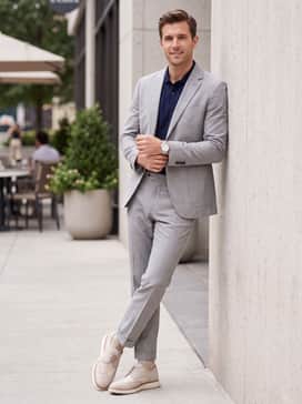 A light grey unstructured suit with a navy blue polo shirt tucked in, creating a modern 'power casual' outfit for summer weddings.