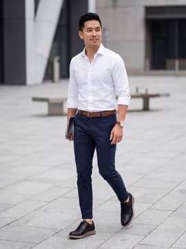 Mens Zergrand Remastered Plain Toe Oxfords – A pair of slim-fit navy chinos paired with a crisp white button-down shirt and a brown leather belt that echoes the tan tone of the shoe sole.