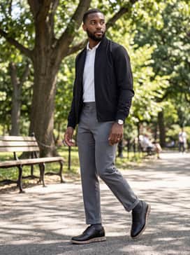 Mens Zergrand Remastered Plain Toe Oxfords – Medium grey dress slacks paired with a white polo shirt and a lightweight black bomber jacket to bridge the gap between formal and athletic aesthetics.