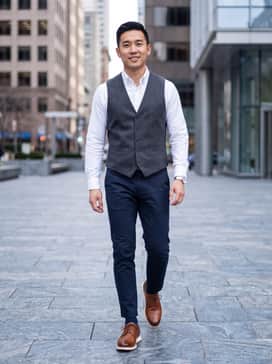 Navy blue slim-fit chinos paired with a crisp white button-down shirt and a charcoal grey tailored wool vest for a sharp, layered office look.