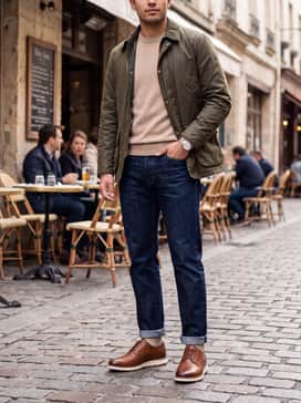 Mens Zergrand Remastered Plain Toe Oxfords – Dark wash indigo straight-leg jeans worn with a beige cashmere crewneck sweater and an olive green waxed cotton field jacket for a sophisticated weekend ensemble.