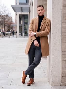 Mens Zergrand Remastered Plain Toe Oxfords – Charcoal grey tailored trousers matched with a black merino wool turtleneck and a camel-colored overcoat for a sleek, modern winter aesthetic.