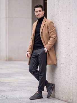 Tapered olive green trousers worn with a black turtleneck and a camel-colored overcoat to highlight the shoe's tan leather accents.