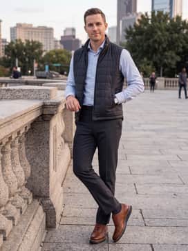 Charcoal dress trousers, a micro-print light blue dress shirt tucked in, and a charcoal quilted vest for a layered office look.