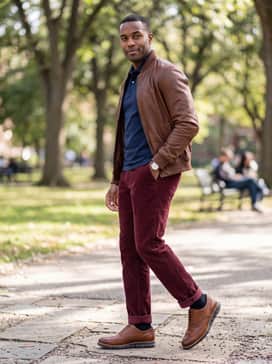 Burgundy corduroy pants worn with a navy polo shirt and a brown leather bomber jacket for a sophisticated weekend ensemble.