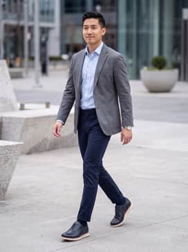 Slim-fit navy chinos paired with a crisp light blue button-down shirt and a grey unstructured blazer for a polished office look.