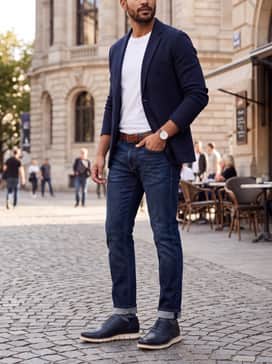 Dark wash straight-leg denim jeans with a fitted white polo shirt and a brown leather belt to match the shoe's classic leather upper.