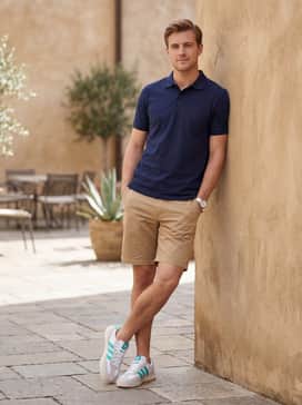 Mercedes  Amg Petronas Formula One Team Barreda Decode Shoes – Tailored tan chino shorts worn with a navy blue piqué polo shirt and no-show socks to create a polished yet relaxed summer weekend aesthetic.