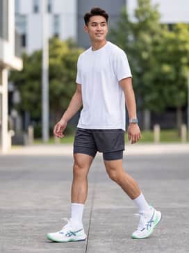 A professional game-day look featuring moisture-wicking charcoal compression shorts, a white performance jersey, and tall white crew socks that peak just above the high-top collar.