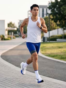 High-performance royal blue compression shorts and a white perforated racing singlet for a professional track-ready look.