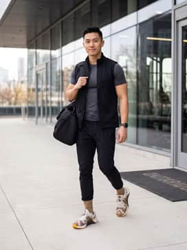 Metcon 10 Amp – Black tapered performance joggers paired with a charcoal grey moisture-wicking compression shirt and a lightweight tech vest for a streamlined gym look.