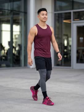Performance-focused gym look: Pair with charcoal gray compression tights under black 7-inch inseam training shorts and a fitted burgundy moisture-wicking tank top.