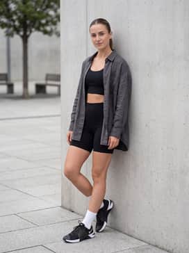 Black 5-inch biker shorts and a matching longline sports bra layered under an oversized unbuttoned linen shirt for a trendy street-style aesthetic.