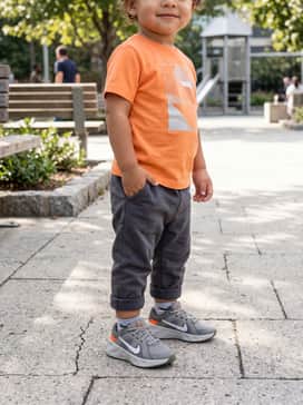 Combine with charcoal grey cotton joggers and a bright orange graphic t-shirt to highlight the shoe's accent color.