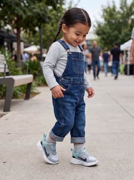 Dark wash denim overalls layered over a simple white long-sleeve t-shirt, allowing the shoe's unique textures and color blocking to be the outfit's focal point.