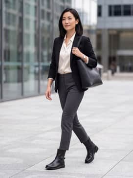 Metropole Amsterdam – Slim-fit charcoal trousers, a tucked-in cream silk blouse, and a tailored black blazer for a sharp office look.