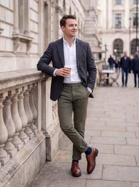 Olive green chino trousers combined with a crisp white oxford button-down and a charcoal grey textured wool blazer for a sophisticated smart-casual vibe.