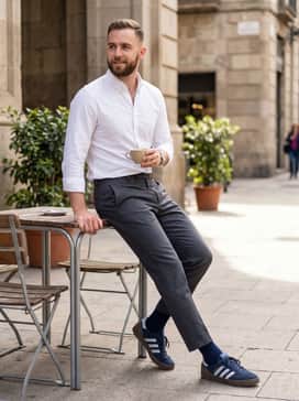 Montreal 76 Shoes – Style with cropped charcoal trousers and a crisp white button-down shirt for a smart-casual office ensemble that bridges the gap between formal and relaxed.