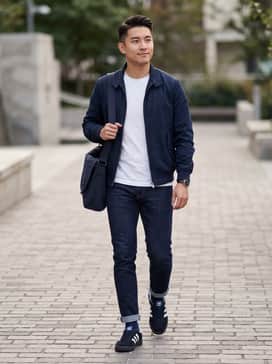 Munchen Ii Spzl – Style with dark indigo slim-fit denim, a crisp white T-shirt, and a classic navy Harrington jacket for a timeless, British-inspired terrace look.