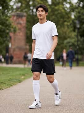 A full performance kit featuring black moisture-wicking shorts, a matching white and black team jersey, and white compression soccer socks.