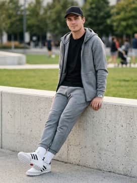 Mundial Team Turf Soccer Shoes – Grey tech-fleece joggers with a slim-fit black hoodie and a baseball cap for a comfortable, modern athleisure ensemble.