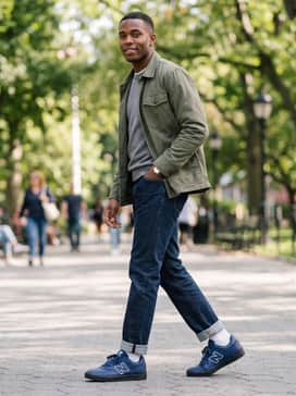Dark wash straight-leg denim jeans worn with a simple grey crewneck sweater and an olive utility jacket for a versatile, layered everyday outfit.