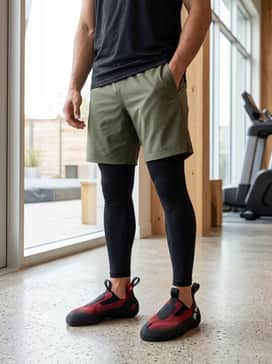 Niad Moccasym Climbing Shoes – A gym-ready look consisting of black compression tights under olive green athletic shorts and a breathable black racerback tank top to highlight the shoe's sleek profile.