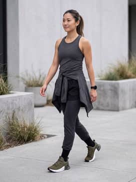 Nike Free Metcon 6 – A high-performance workout look featuring black compression tights, charcoal moisture-wicking shorts, and a fitted black athletic tank.