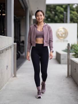 Nike Free Metcon 6 – High-waisted black compression leggings paired with a matching mauve sports bra and a sleek cropped hoodie for a professional gym aesthetic.