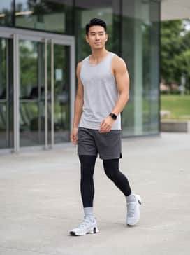 Nike Free Metcon 6 – A high-performance look featuring black compression tights under charcoal grey gym shorts, paired with a light-colored moisture-wicking tank top and a sleek fitness watch.