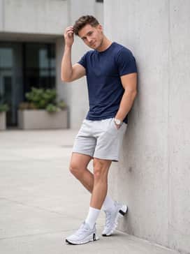 Nike Free Metcon 6 – A summer athletic vibe consisting of light grey sweatshorts, white crew socks pulled mid-calf, and a navy blue performance t-shirt that highlights the neutral shoe tones.