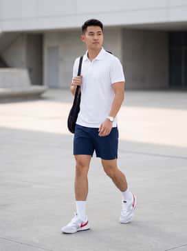 A crisp white moisture-wicking polo shirt paired with navy blue athletic shorts and high-performance white crew socks for a classic on-court look.