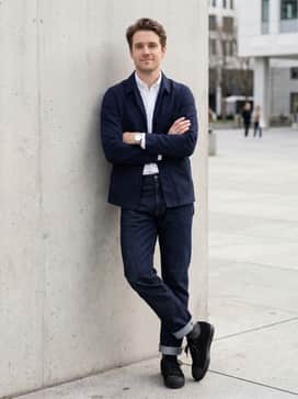Nizzastar Lo – Dark indigo raw denim jeans with a tucked-in white oxford shirt and a navy cotton chore jacket for a refined take on modern workwear.