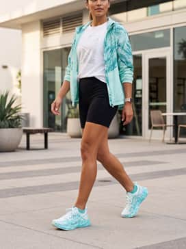 Chic gym-to-café ensemble: Combine with high-waisted black bike shorts, an oversized white graphic tee tucked in at the front, and a lightweight aqua windbreaker for a balanced, sporty vibe.