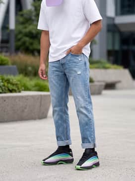Nova Infinity Shoes – Distressed light-blue straight jeans with a white boxy t-shirt and a lavender cap to tie in the upper's gradient tones.