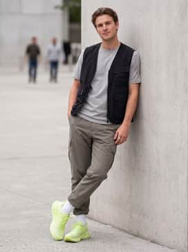 Novablast 5 Liteshow – Contemporary Streetwear: Style with tapered olive cargo pants, a heavy-weight white boxy tee, and a black utility vest to lean into the 'gorpcore' trend while letting the shoes pop.