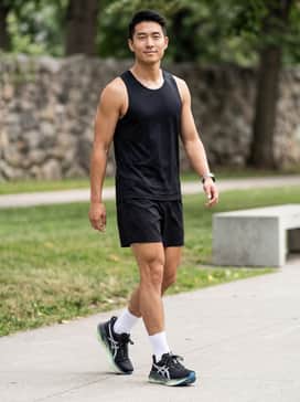 Novablast 5 Luxe – A high-performance kit featuring black 5-inch running shorts, a silver moisture-wicking racerback tank, and white performance compression socks.