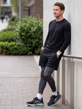 Novablast 5 Luxe – A modern gym ensemble consisting of charcoal grey compression leggings under black mesh shorts, paired with a fitted black long-sleeve performance top.