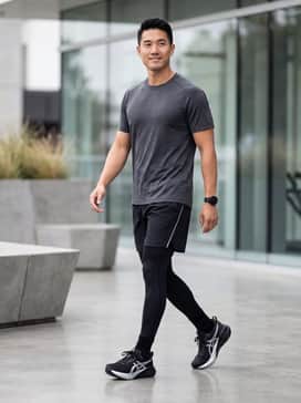 A high-performance training outfit featuring black compression tights, silver-lined running shorts, and a breathable charcoal grey moisture-wicking tee.