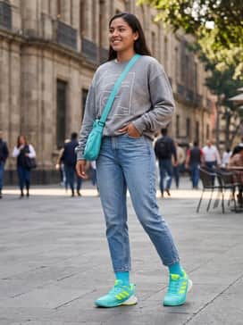 A streetwear-inspired outfit with light-wash tapered jeans, an oversized white graphic sweatshirt, and a turquoise crossbody bag to coordinate with the shoe's primary color.