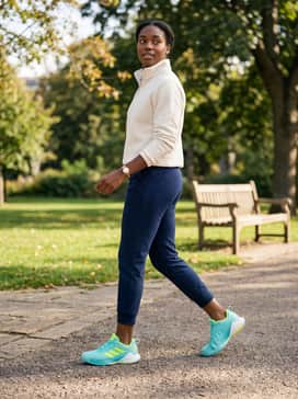 A relaxed athleisure set with navy blue joggers, a cream-colored quarter-zip fleece, and invisible socks to keep the focus on the sneakers' bold silhouette.