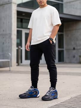 Black tapered tech-fleece joggers with a minimalist white oversized t-shirt for a clean off-court look.