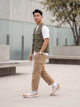 Relaxed-fit tan cargo pants paired with a crisp white heavyweight t-shirt and an olive green utility vest.