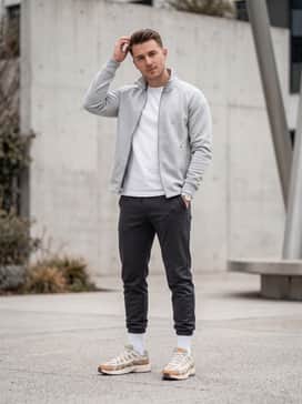 P6000 Se Lny – Dark charcoal tapered joggers styled with a grey tech-fleece zip-up and white crew socks.