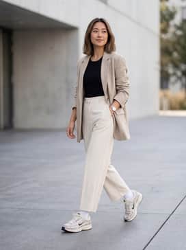 P6000 Se – High-waisted wide-leg cream trousers paired with a cropped black ribbed tank top and an oversized beige blazer for a sophisticated, modern streetwear look.