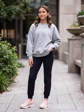 Black high-performance leggings styled with a grey heathered oversized sweatshirt and silver hoop earrings to match the shoe's metallic accents.