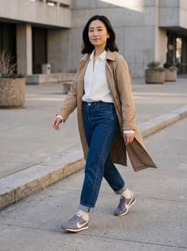 High-waisted straight-leg raw denim jeans paired with a tucked-in oversized white linen button-down and a tan trench coat for a sophisticated transitional look.