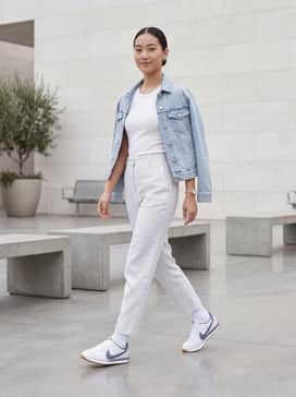 A monochromatic white ensemble featuring high-waisted linen trousers and a tucked-in ribbed tank top, layered with a light blue denim jacket.